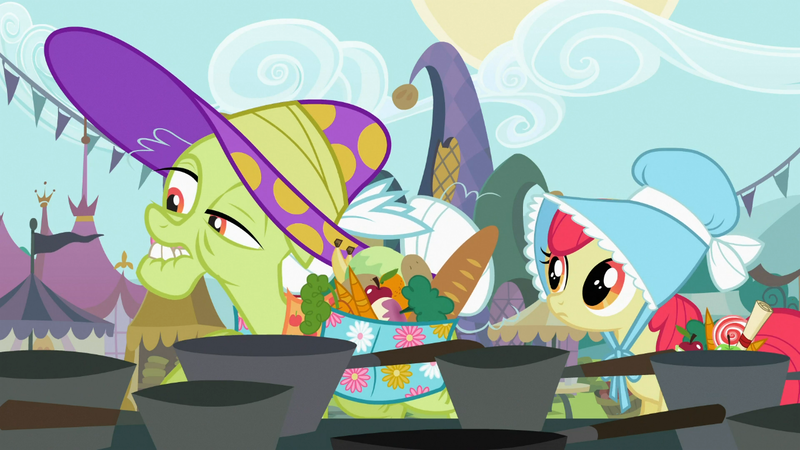 Size: 1366x768 | Tagged: safe, derpibooru import, screencap, apple bloom, granny smith, earth pony, pony, family appreciation day, apple, banana, bonnet, bread, cabbage, candy, carrot, female, filly, food, frown, hat, lip bite, lollipop, mare, pot, potato, raised eyebrow, saddle bag, scroll, turnip