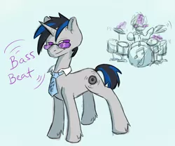 Size: 2400x2000 | Tagged: safe, artist:chipperpony, derpibooru import, oc, oc:bass beat, unofficial characters only, drum kit, drums, drumsticks, magical lesbian spawn, musical instrument, necktie, offspring, parent:octavia melody, parents:scratchtavia, parent:vinyl scratch, solo, sunglasses