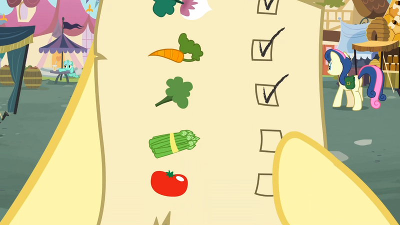 Size: 1366x768 | Tagged: asparagus, bon bon, broccoli, carrot, derpibooru import, fluttershy, food, list, lyra heartstrings, putting your hoof down, safe, screencap, sweetie drops, tomato, turnip