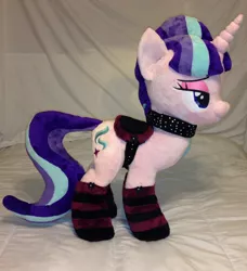 Size: 1024x1124 | Tagged: artist:karasunezumi, bedroom eyes, bondage, bondage gear, clothes, collar, derpibooru import, irl, lingerie, photo, plushie, saddle, socks, solo, starlight glimmer, striped socks, suggestive