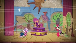 Size: 1280x720 | Tagged: apple bloom, bandana, bipedal, clothes, cutie mark crusaders, cutie mark crusaders song, derpibooru import, face paint, safe, scootaloo, screencap, show stopper outfits, stage, sweetie belle, the show stoppers, wind, youtube link