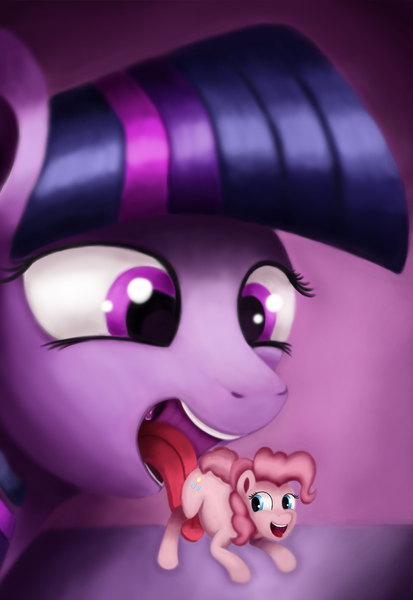 Size: 1118x1626 | Tagged: questionable, artist:pusya, derpibooru import, pinkie pie, twilight sparkle, pony, fetish, giant pony, giantess, licking, macro, micro, open mouth, pinkie prey, size difference, tasting, tongue out, twipred, vore