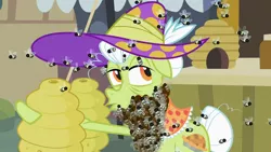 Size: 1366x768 | Tagged: safe, derpibooru import, screencap, granny smith, bee, earth pony, insect, pony, family appreciation day, bee beard, beehive, female, hive, mare, solo, swarm