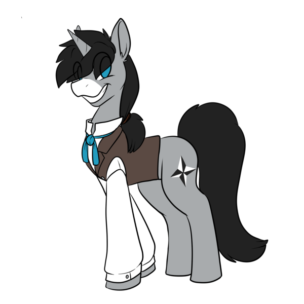 Size: 1500x1500 | Tagged: safe, artist:novelt-deer-pony, artist:noveltmods, artist:taren14, derpibooru import, oc, unofficial characters only, pony, unicorn, clothes, cravat, grin, jacket, ponytail, shirt