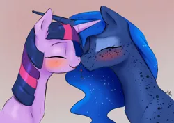 Size: 1280x905 | Tagged: safe, artist:silfoe, derpibooru import, princess luna, twilight sparkle, pony, royal sketchbook, blushing, boop, cute, eyes closed, female, freckles, heart, horns are touching, lesbian, lunabetes, mare, noseboop, nuzzling, shipping, smiling, twiabetes, twiluna