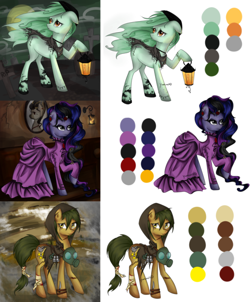 Size: 2500x3000 | Tagged: semi-grimdark, artist:yuntaoxd, derpibooru import, oc, unofficial characters only, bird, raven (bird), adoptable, bandage, binoculars, cloak, clothes, dagger, dress, ear piercing, earring, gas mask, gravestone, graveyard, lantern, picture, piercing, raider, scar, stitches, tattoo, wasteland