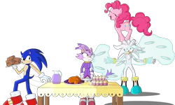 Size: 2500x1500 | Tagged: safe, artist:polaicy, derpibooru import, pinkie pie, earth pony, pony, turkey, blaze the cat, cooked, crossover, cupcake, dead, female, food, levitation, magic, mare, meat, psychic powers, silver the hedgehog, sonic the hedgehog, sonic the hedgehog (series), table, telekinesis