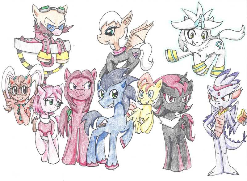 Size: 6560x4800 | Tagged: safe, artist:fiveywhooves, derpibooru import, ponified, bat pony, dragon, pony, absurd resolution, amy rose, blaze the cat, cream the rabbit, doctor eggman, dragonified, knuckles the echidna, miles "tails" prower, rouge the bat, shadow the hedgehog, silver the hedgehog, sonic the hedgehog, sonic the hedgehog (series), species swap, traditional art