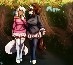 Size: 1635x1450 | Tagged: safe, artist:avante92, derpibooru import, oc, oc:colette laitier, oc:sundae, unofficial characters only, anthro, earth pony, unguligrade anthro, anthro oc, autumn, clothes, forest, smoothie, sweater, walking