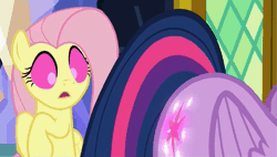 Size: 747x423 | Tagged: safe, derpibooru import, edit, edited screencap, screencap, fluttershy, twilight sparkle, twilight sparkle (alicorn), alicorn, pegasus, pony, the hooffields and mccolts, animated, booty call, cutie mark, female, gif, glowing cutie mark, hypnosis, image, kiss my ass, mare, plot, throne room, wings