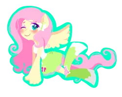 Size: 1280x1024 | Tagged: safe, artist:prairiedennis, derpibooru import, fluttershy, equestria girls, blushing, boots, clothes, ponied up, skirt, socks, solo, tanktop, wink