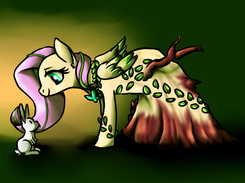 Size: 1280x960 | Tagged: alternate universe, artist:whale, butterfly, clothes, derpibooru import, dress, dryad, flutterdryad, fluttershy, fluttertree, leaves, rabbit, safe, species swap, sword rara, tree branch, vine