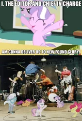 Size: 418x620 | Tagged: apple bloom, band, caption, derpibooru import, diamond tiara, happy, human, irl, irl human, jumping, meme, music, new found glory, photo, pun, safe, scootaloo, silver spoon, sweetie belle