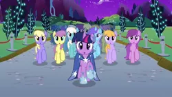 Size: 1280x720 | Tagged: safe, derpibooru import, screencap, diamond mint, drizzle, orange blossom, parasol, prim posy, sunset bliss, twilight sparkle, earth pony, pegasus, pony, unicorn, the best night ever, at the gala, background pony, clones, clothes, dress, female, gala dress, greenie sky, mare, wingless, youtube link