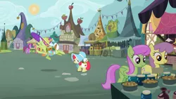 Size: 1366x768 | Tagged: safe, derpibooru import, screencap, apple bloom, berry punch, berryshine, cherry berry, granny smith, merry may, parasol, earth pony, pegasus, pony, family appreciation day, animation error, background pony, female, filly, joke shop, mare, market, marketplace, ponyville, saddle bag, wingless