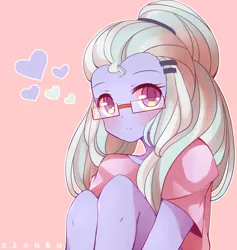 Size: 900x950 | Tagged: safe, artist:riouku, derpibooru import, sugarcoat, equestria girls, blushing, clothes, colored pupils, cute, female, glasses, heart, looking at you, pink background, shirt, signature, simple background, sitting, solo, sugarcute