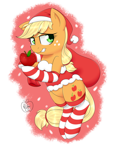 Size: 1600x2000 | Tagged: alternate version, apple, applejack, artist:notenoughapples, clothes, derpibooru import, food, grin, hat, looking at you, sack, santa hat, santa sack, semi-anthro, sexy santa costume, simple background, socks, solo, striped socks, suggestive, transparent background