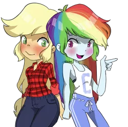 Size: 4976x4962 | Tagged: safe, artist:chibicmps, derpibooru import, applejack, rainbow dash, equestria girls, absurd resolution, appledash, blushing, cute, female, holding hands, lesbian, open mouth, plaid shirt, pointing, shipping, simple background, smiling, transparent background