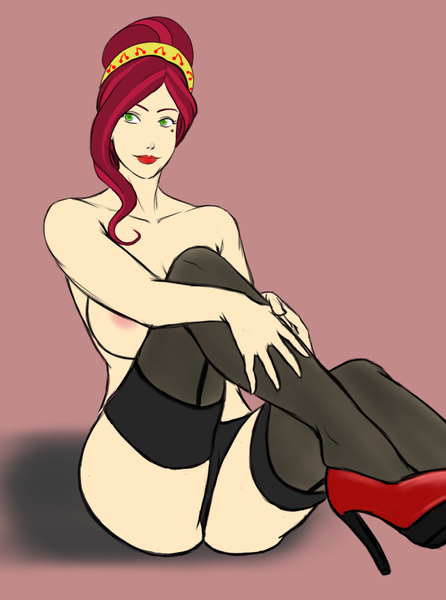 Size: 858x1154 | Tagged: artist:eve-ashgrove, beauty mark, black underwear, breasts, busty cherry jubilee, cherry jubilee, clothes, derpibooru import, female, high heels, human, humanized, legs, nipples, nudity, panties, questionable, seductive pose, sexy, shoes, socks, solo, solo female, stockings, stupid sexy cherry jubilee, thigh highs, underwear