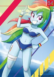 Size: 739x1055 | Tagged: suggestive, artist:the-butch-x, derpibooru import, rainbow dash, equestria girls, armpits, athletic tape, bandeau, beach, beach babe, belly button, bicolor swimsuit, big grin, bikini, bikini babe, blue swimsuit, breasts, busty rainbow dash, cleavage, clothes, cute, cutie mark, cutie mark on equestria girl, dashabetes, female, grin, hand on hip, looking at you, ocean, sexy, smiling, solo, solo female, sweatband, swimsuit, underass, water, x summer, x summer rework