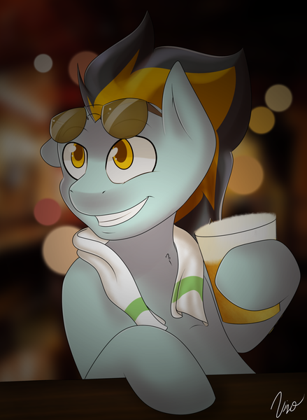 Size: 1280x1749 | Tagged: safe, artist:vivofortissimo, derpibooru import, oc, oc:cauldroy waters, unofficial characters only, earth pony, pony, alcohol, beer, food, glasses, grin, male, smiling, solo, stallion, towel