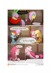 Size: 3541x5016 | Tagged: safe, artist:gashiboka, derpibooru import, applejack, pinkie pie, rainbow dash, spike, oc, oc:gold lily, dragon, earth pony, pegasus, pony, unicorn, comic:recall the time of no return, comic, older, older spike, patreon, patreon logo, pinkamena diane pie, sad