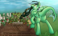 Size: 2304x1440 | Tagged: artist:unpeeledwasp, carrot, derpibooru import, featureless crotch, flower, food, garden, monster pony, oc, oc:zuthal, original species, plot, safe, tatzlpony, tomato, unofficial characters only