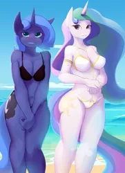 Size: 1084x1500 | Tagged: anthro, artist:seyrii, beach, belly button, bikini, blushing, breasts, breast squeeze, busty princess celestia, busty princess luna, cleavage, clothes, covering, dead source, derpibooru import, duo, embarrassed, embarrassed nude exposure, female, jewelry, looking at you, midriff, necklace, nervous, nervous grin, nudity, princess celestia, princess luna, pubic hair, pubic hair slip, s1 luna, shy, smiling, suggestive, swimsuit