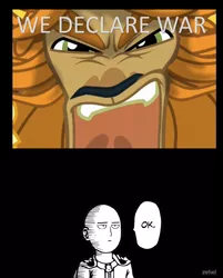 Size: 820x1021 | Tagged: derpibooru import, exploitable meme, meme, obligatory pony, ok, one punch man, prince rutherford, safe, saitama, this will end in one punch, this will end in tears and/or death, too dumb to live, unimpressed, war declaration meme, yak