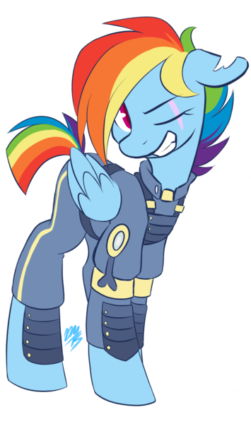 Size: 988x1669 | Tagged: safe, artist:quinn-kittie, derpibooru import, rainbow dash, the cutie re-mark, alternate timeline, apocalypse dash, clothes, crystal war timeline, cute, dashabetes, grin, scar, smiling, solo, torn ear, uniform, wink