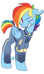 Size: 988x1669 | Tagged: safe, artist:quinn-kittie, derpibooru import, rainbow dash, the cutie re-mark, alternate timeline, apocalypse dash, clothes, crystal war timeline, cute, dashabetes, grin, scar, smiling, solo, torn ear, uniform, wink