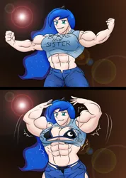 Size: 1198x1685 | Tagged: artist:advanceddefense, bikini, blame my sister, breasts, busty princess luna, clothes, derpibooru import, female, fetish, flexing, growth, human, humanized, midriff, muscle expansion, muscle fetish, muscles, open fly, princess luna, princess muscle moona, solo, suggestive, swimsuit, underboob, wardrobe malfunction