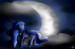 Size: 3000x1965 | Tagged: artist:pillonchou, cloud, crying, derpibooru import, floppy ears, moon, night, princess luna, prone, safe, solo, tangible heavenly object