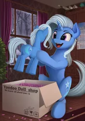 Size: 1800x2550 | Tagged: safe, artist:yakovlev-vad, derpibooru import, trixie, pony, unicorn, :3, :d, box, cardboard box, cute, diatrixes, doll, elder scroll, excited, eyes on the prize, female, fluffy, happy, mare, narcissism, open mouth, packing peanuts, plot, plushie, self plushidox, self ponidox, sitting, smiling, snow, snowfall, solo, toy, voodoo, voodoo doll, window