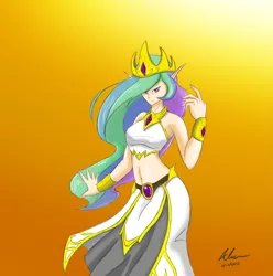 Size: 3763x3793 | Tagged: artist:evanzblack, belly button, clothes, derpibooru import, elf ears, gradient background, human, humanized, midriff, multicolored hair, pose, praise the sun, princess celestia, purple eyes, safe, sexy, skirt, solo, stupid sexy celestia, top