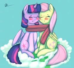 Size: 3985x3636 | Tagged: safe, artist:wolfy-pony, derpibooru import, fluttershy, twilight sparkle, twilight sparkle (alicorn), alicorn, pony, blushing, clothes, cloud, eyes closed, female, lesbian, mare, scarf, shared clothing, shared scarf, shipping, sitting, twishy