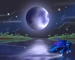 Size: 2500x2000 | Tagged: safe, artist:duskie-06, derpibooru import, princess luna, flying, lake, moon, night, reflection, shooting star, solo, stars, water