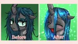 Size: 1000x572 | Tagged: artist:jurisalis, bed mane, before and after, bust, changeling, changeling queen, cute, cutealis, derpibooru import, eyes closed, female, looking at you, messy mane, open mouth, queen chrysalis, safe, smiling, solo