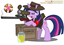 Size: 1622x1131 | Tagged: safe, artist:nikkikitty44, derpibooru import, twilight sparkle, pony, unicorn, crossover, cutie mark, female, gun, hat, hooves, horn, jar, jarate, mare, open mouth, optical sight, pee in container, rifle, simple background, sniper, sniper rifle, solo, team fortress 2, text, transparent background, twilight sniper, urine, vector, weapon