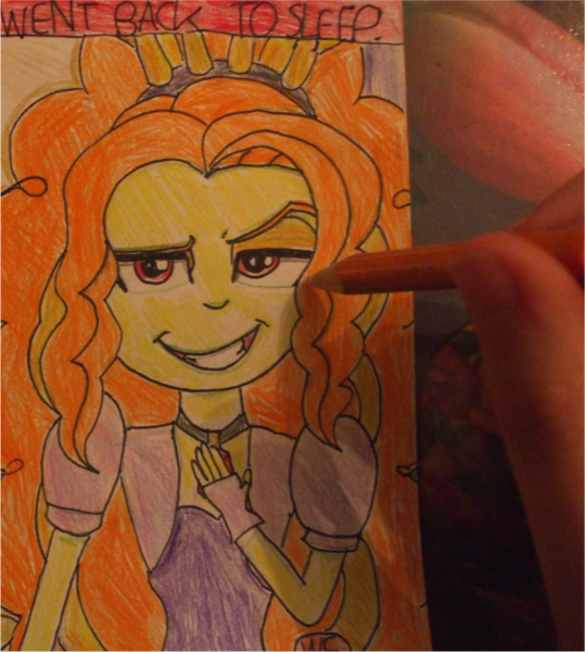 Size: 1011x1126 | Tagged: safe, artist:blazingdazzlingdusk, derpibooru import, adagio dazzle, equestria girls, rainbow rocks, comic, drawing, hand, meme, pencil, rise and shine dagi, that orange pencil, traditional art