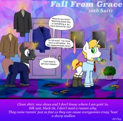 Size: 1928x1900 | Tagged: suggestive, artist:kill joy, derpibooru import, edit, oc, unofficial characters only, pony, belt, clothes, cologne, daddy, domination, fall from grace, fetish month, garters, lyrics, male, males only, measuring tape, necktie, older, professionalism, socks, stallion, submission, suit, tailor, underwear, zz top
