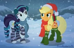 Size: 863x563 | Tagged: safe, artist:brianblackberry, derpibooru import, applejack, coloratura, earth pony, pony, the mane attraction, christmas, clothes, earmuffs, female, freckles, hat, lesbian, mare, present, raised hoof, rara, rarajack, santa hat, scarf, shipping, smiling, snow, snowfall, socks, striped socks, winter