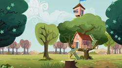 Size: 1366x768 | Tagged: clubhouse, crusaders clubhouse, derpibooru import, family appreciation day, flower, no pony, safe, screencap, telescope, tree, treehouse, tree stump