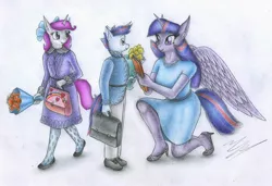 Size: 1646x1127 | Tagged: anthro, anthro oc, artist:sinaherib, book, briefcase, clothes, derpibooru import, dress, flower, mother and son, oc, oc:amber earring, oc:starlight ray, offspring, parent:fancypants, parent:flash sentry, parent:rarity, parents:flashlight, parents:raripants, parent:twilight sparkle, plantigrade anthro, safe, twilight sparkle, twilight sparkle (alicorn)