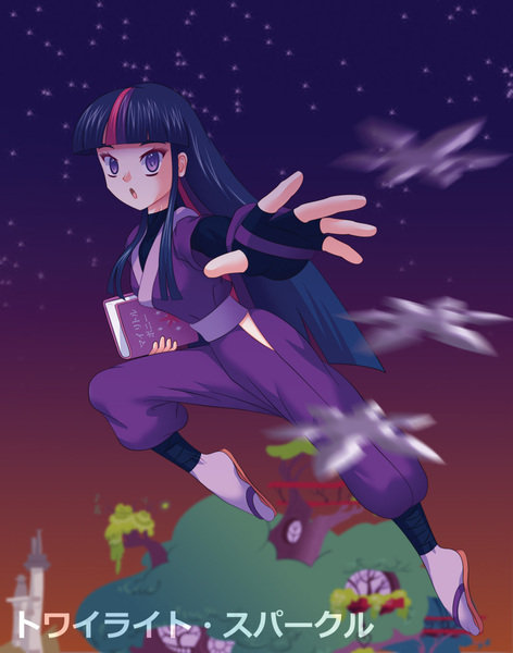 Size: 1069x1358 | Tagged: artist:agu-fungus, derpibooru import, fighting gloves, human, humanized, japanese, martial arts, ninja, safe, sandals, shuriken, solo, throwing star, twilight sparkle