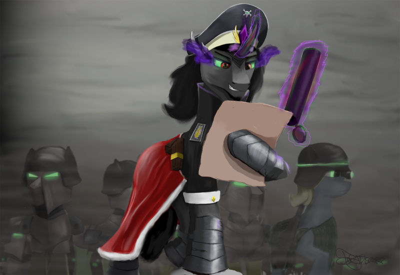 Size: 1078x741 | Tagged: safe, artist:discordthege, derpibooru import, king sombra, crystal pony, pony, unicorn, alternate timeline, army, crystal war timeline, mind control, sombra soldier, weapon, wolfenstein