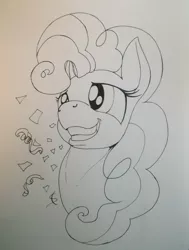 Size: 3053x4033 | Tagged: safe, artist:scribblepwn3, derpibooru import, pinkie pie, confetti, monochrome, pen drawing, portrait, smiling, solo, traditional art, wip