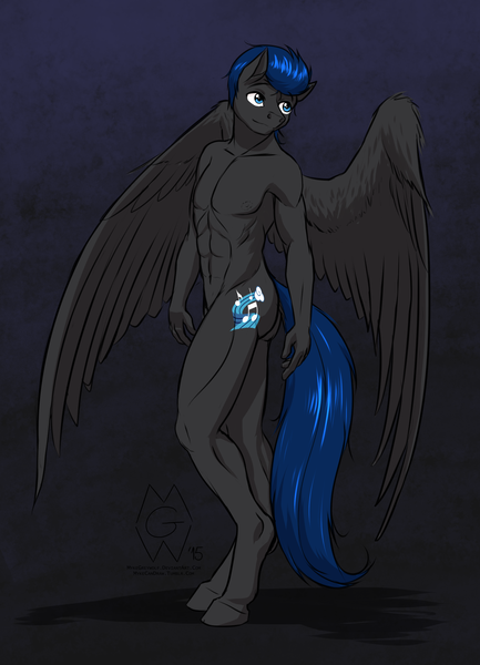 Size: 2000x2773 | Tagged: abs, anthro, armpits, artist:mykegreywolf, bare chest, belly button, derpibooru import, long tail, male, muscles, nudity, oc, oc:melodic stream, pegasus, solo, solo male, suggestive, unguligrade anthro, unofficial characters only, wings