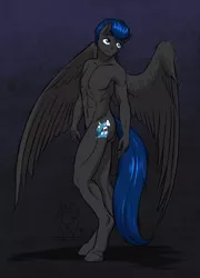 Size: 2000x2773 | Tagged: abs, anthro, armpits, artist:mykegreywolf, bare chest, belly button, derpibooru import, long tail, male, muscles, nudity, oc, oc:melodic stream, pegasus, solo, solo male, suggestive, unguligrade anthro, unofficial characters only, wings