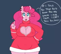 Size: 1280x1120 | Tagged: anthro, artist:somescrub, big breasts, boob window, breasts, busty pinkie pie, chubby, cleavage, derpibooru import, female, huge breasts, hugtastic pinkie pie, pinkie pie, solo, solo female, suggestive, wide hips